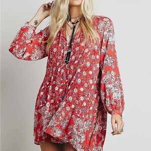 Free People Lucky Loosey Mini Dress Blood Orange Combo Size Medium Long Sleeves